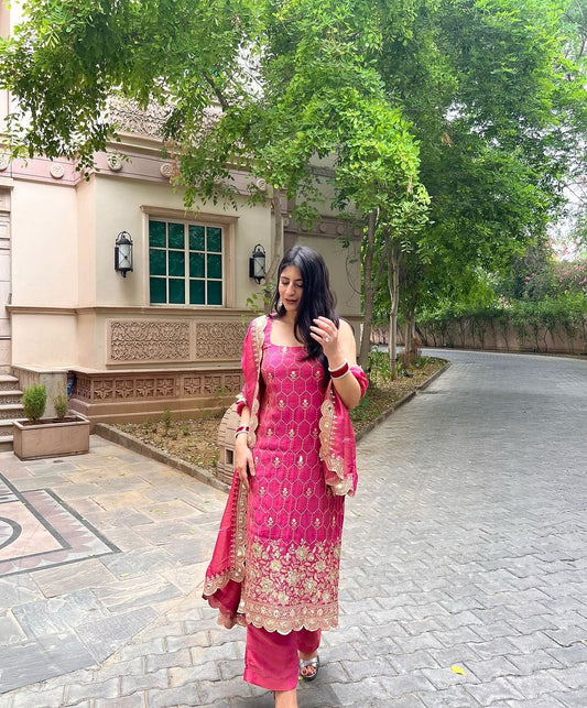 Pretty Pink Color Embroidery Work Salwar Suit
