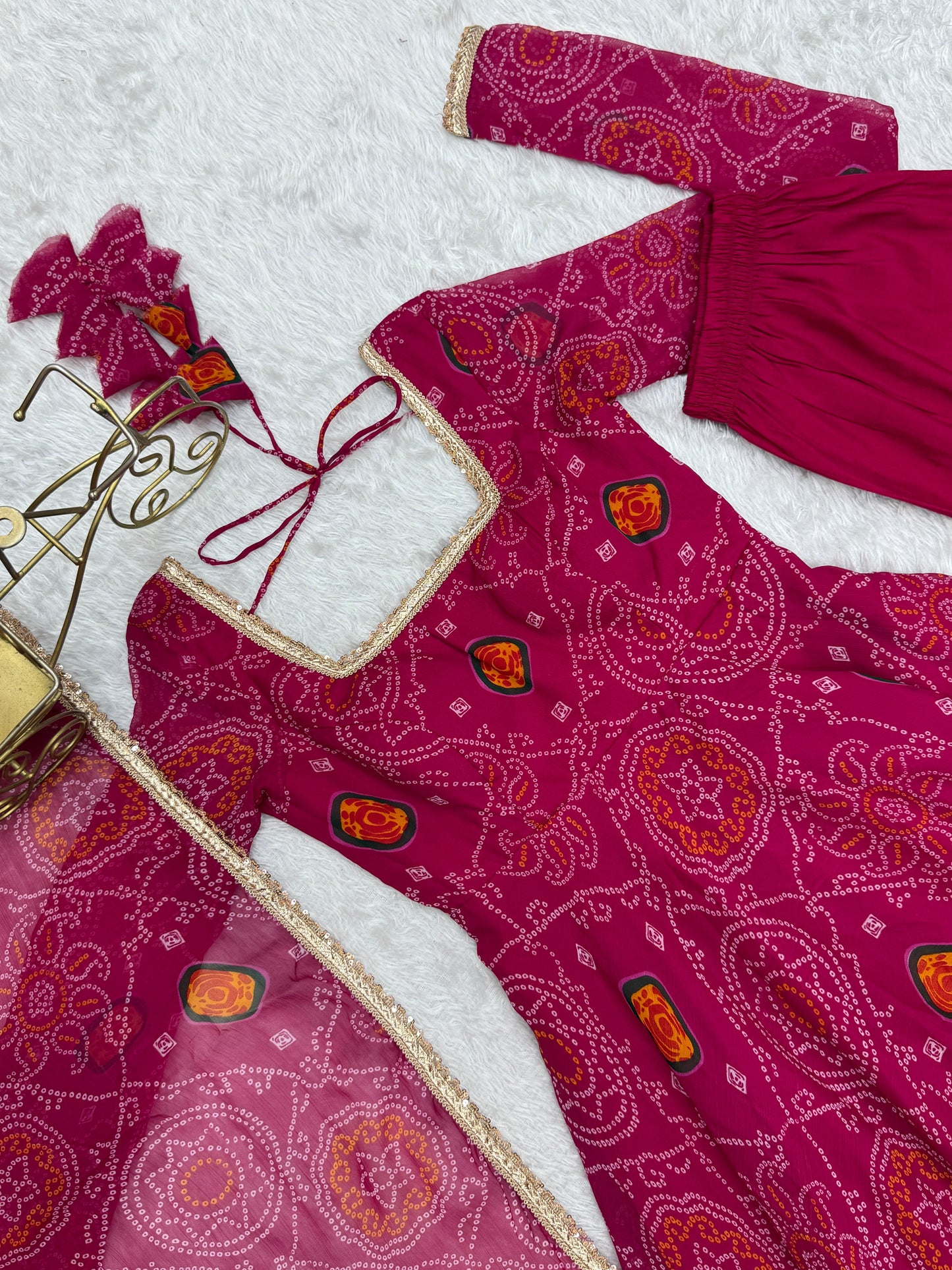 Festive Wear Rani Pink Color Pure Soft Lightweight Chiffon Bandhej Fabric Designer Gown