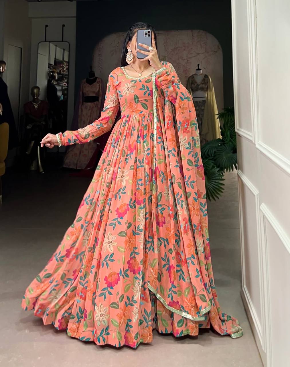 Beautiful Orange Color Georgette With Printed Designer Gown