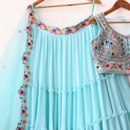 Sky Colour Georgette Ruffle Wedding Wear Lehenga Choli