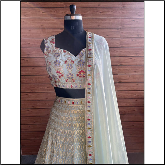 Light Pista Color Faux Georgette Fabric Sequence Embroidery Work lehengha choli