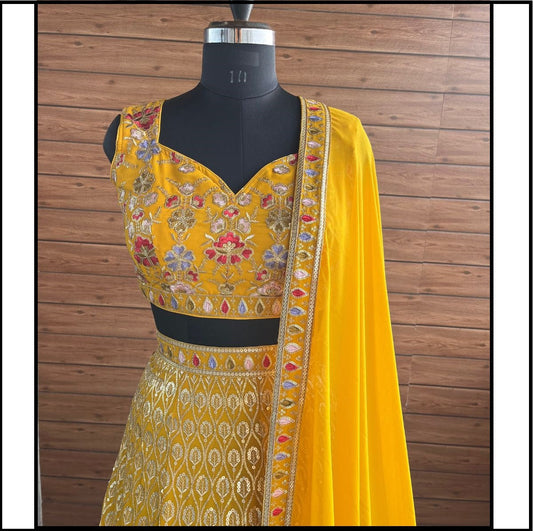 Mustard Sequins Embroidered Georgette Lehenga Choli
