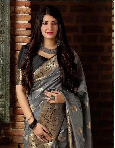 Daisy Gray Color Soft Lichi Silk Golden Work Saree