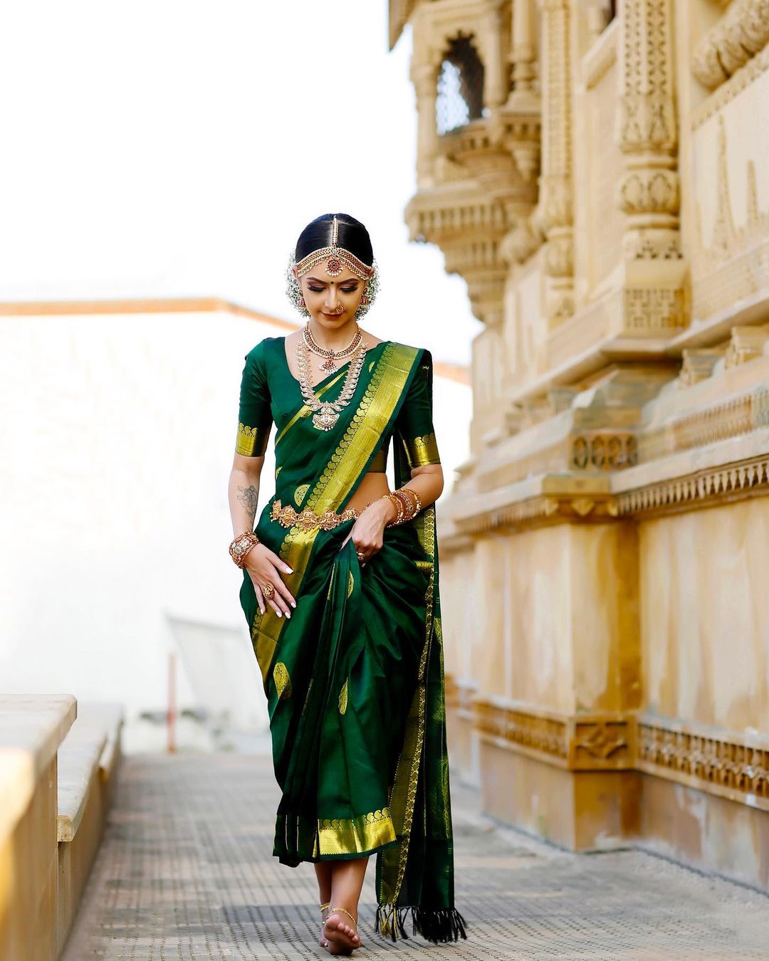 Glorious Dark Green Soft Lichi Silk Golden Jari Saree