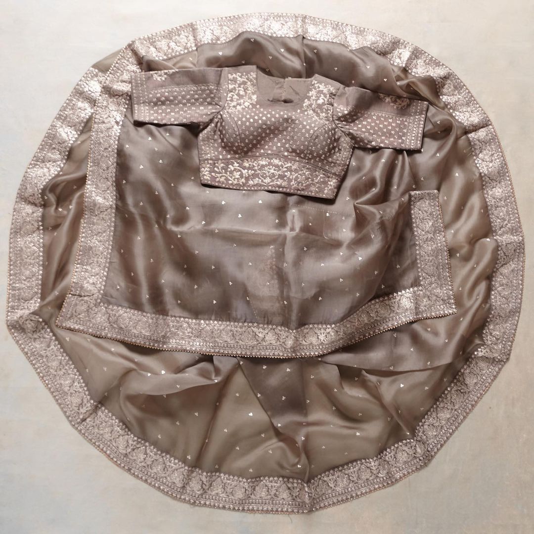 Beige Color Embroidery Work Organza Saree