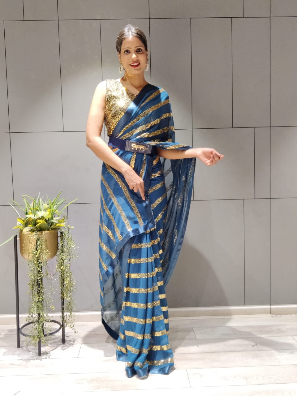 Ready To Wear Teal Blue Sequince Work Saree