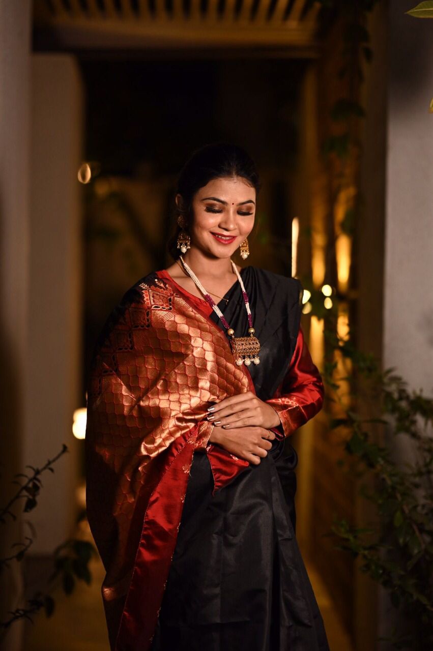 Gorgeous Black With Red Rich Jacquard Work Saree