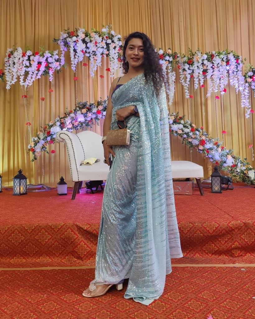 Glorious Sky Blue Color Sequence Work Saree