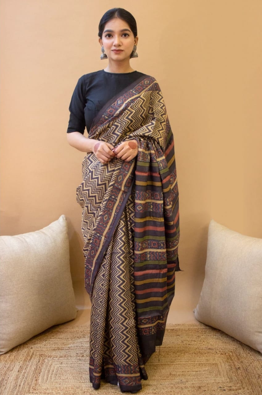 Elegant Black Color Cotton Silk Saree