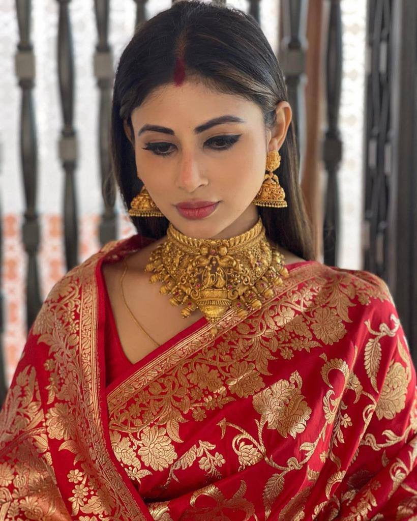 Bollywood Star Mouni Roy Wear Red Color Silk Saree
