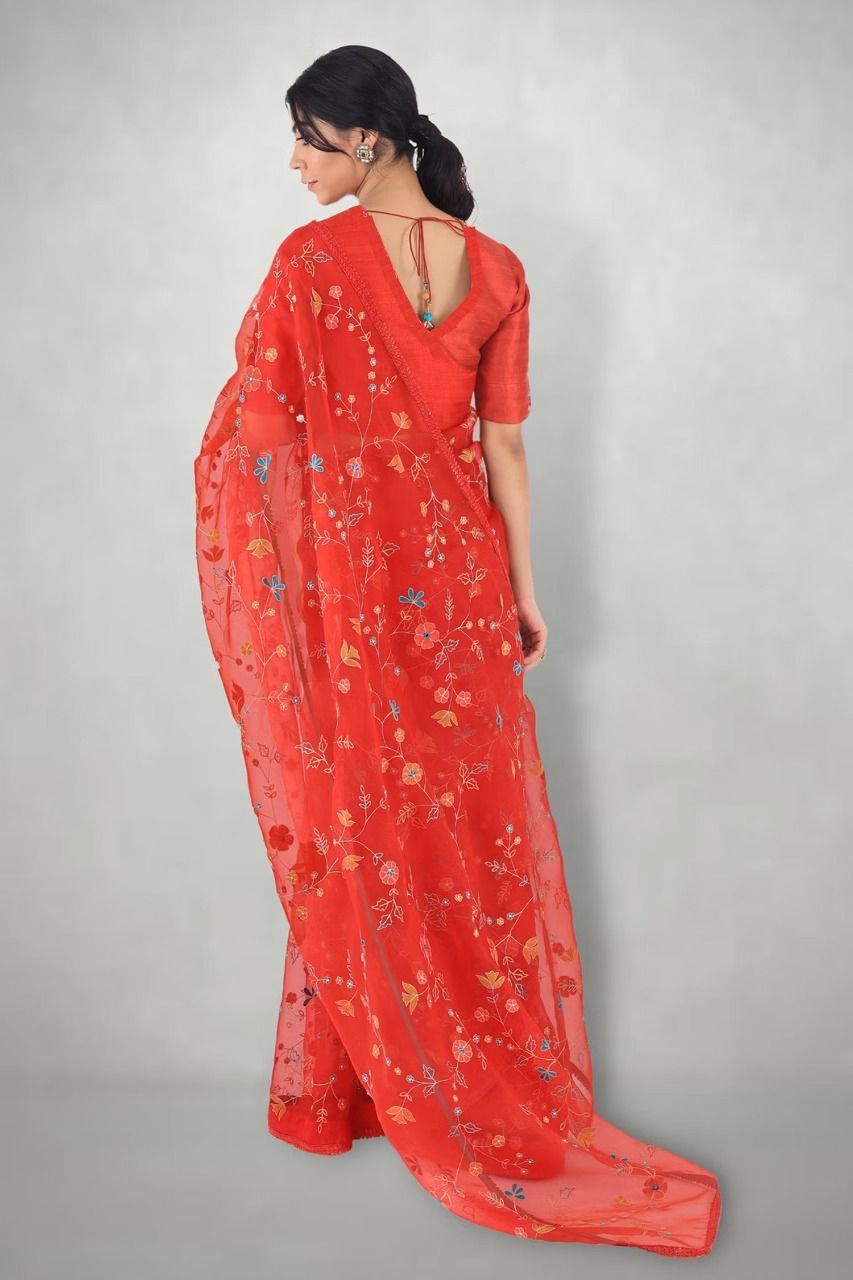 Beautiful Multi Thread Work Red Color Georgette Saree