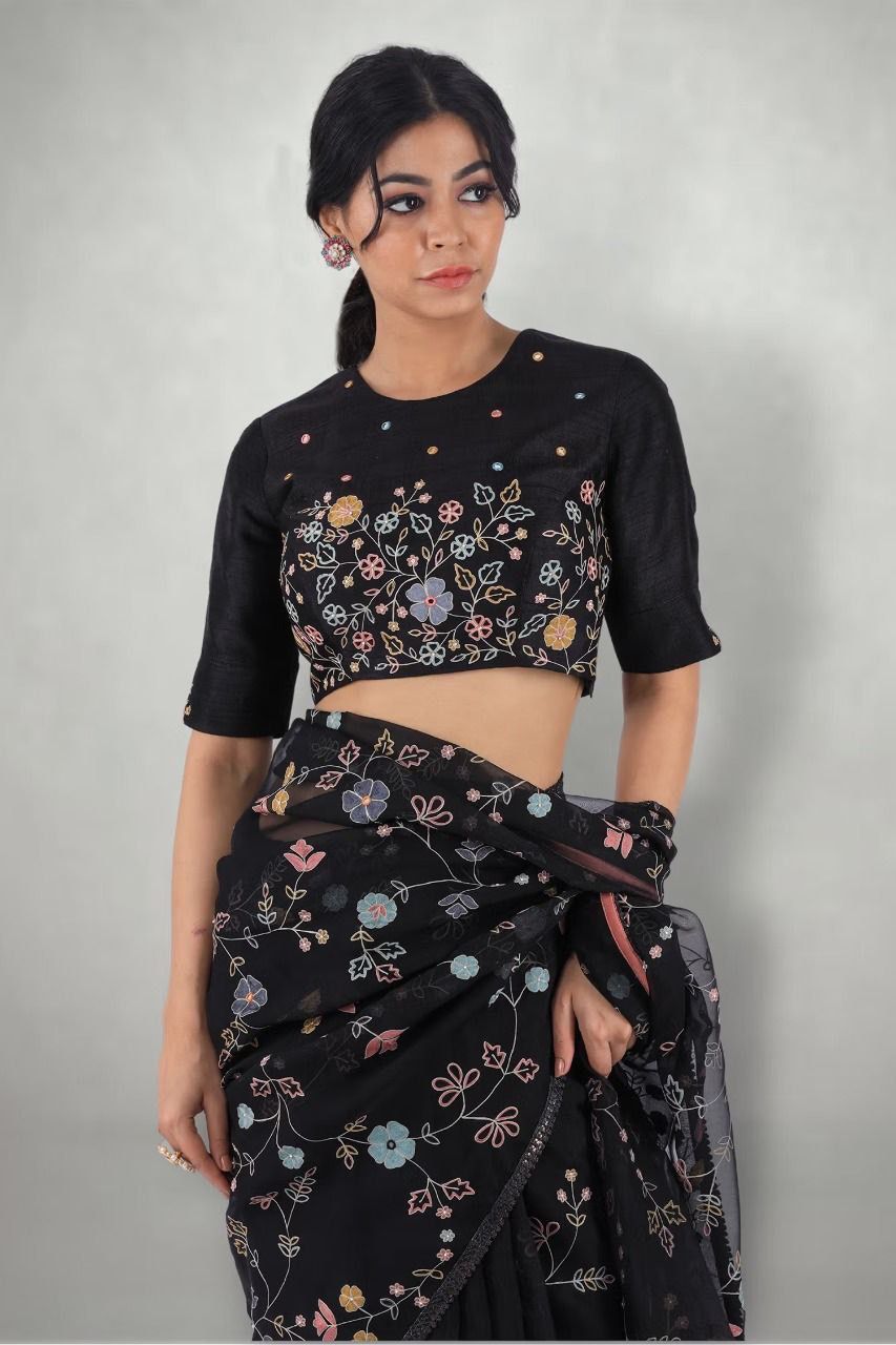 Beautiful Multi Thread Work Black Color Georgette Saree