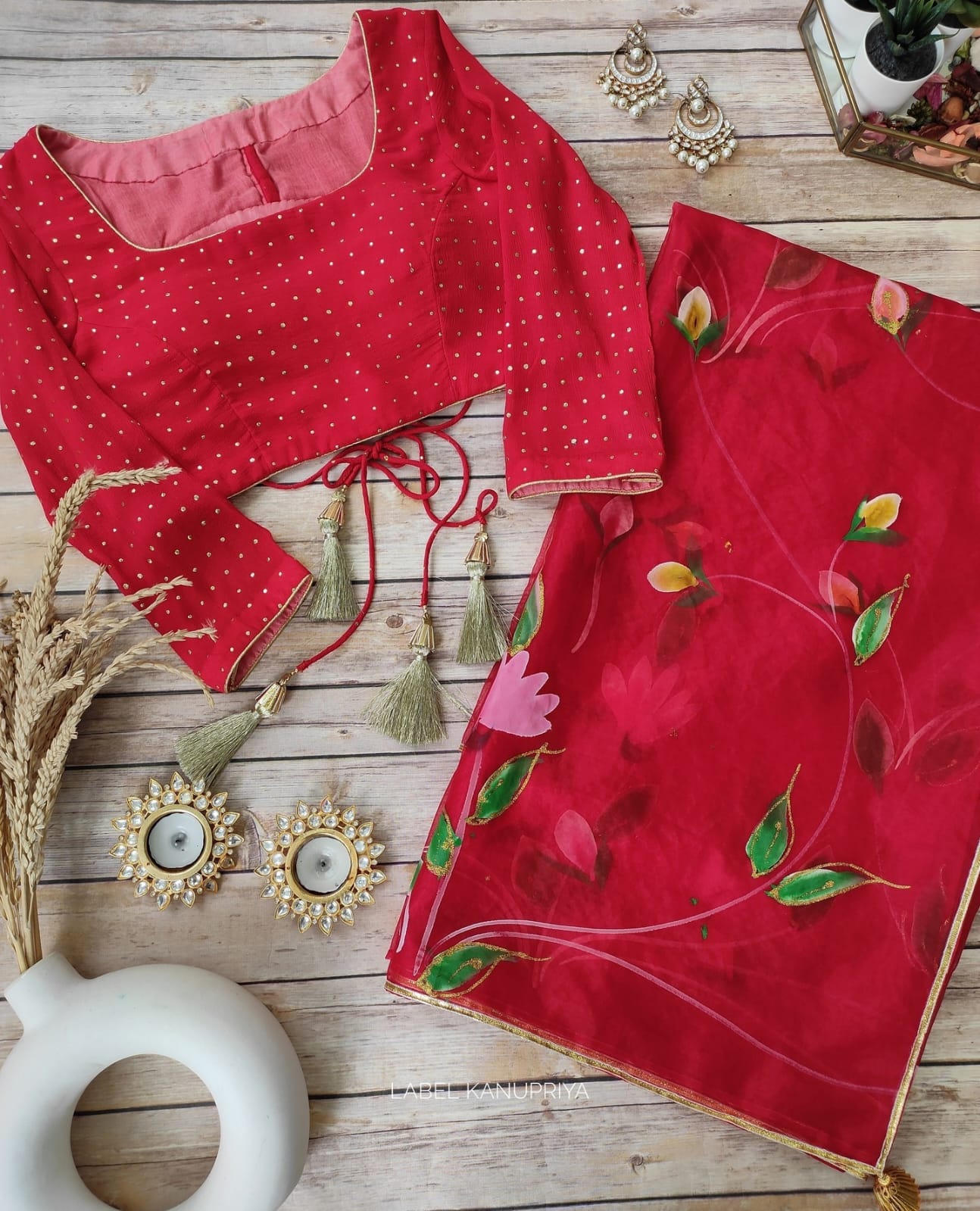Digital Printed Red color Heavy Handwork Organza Saree