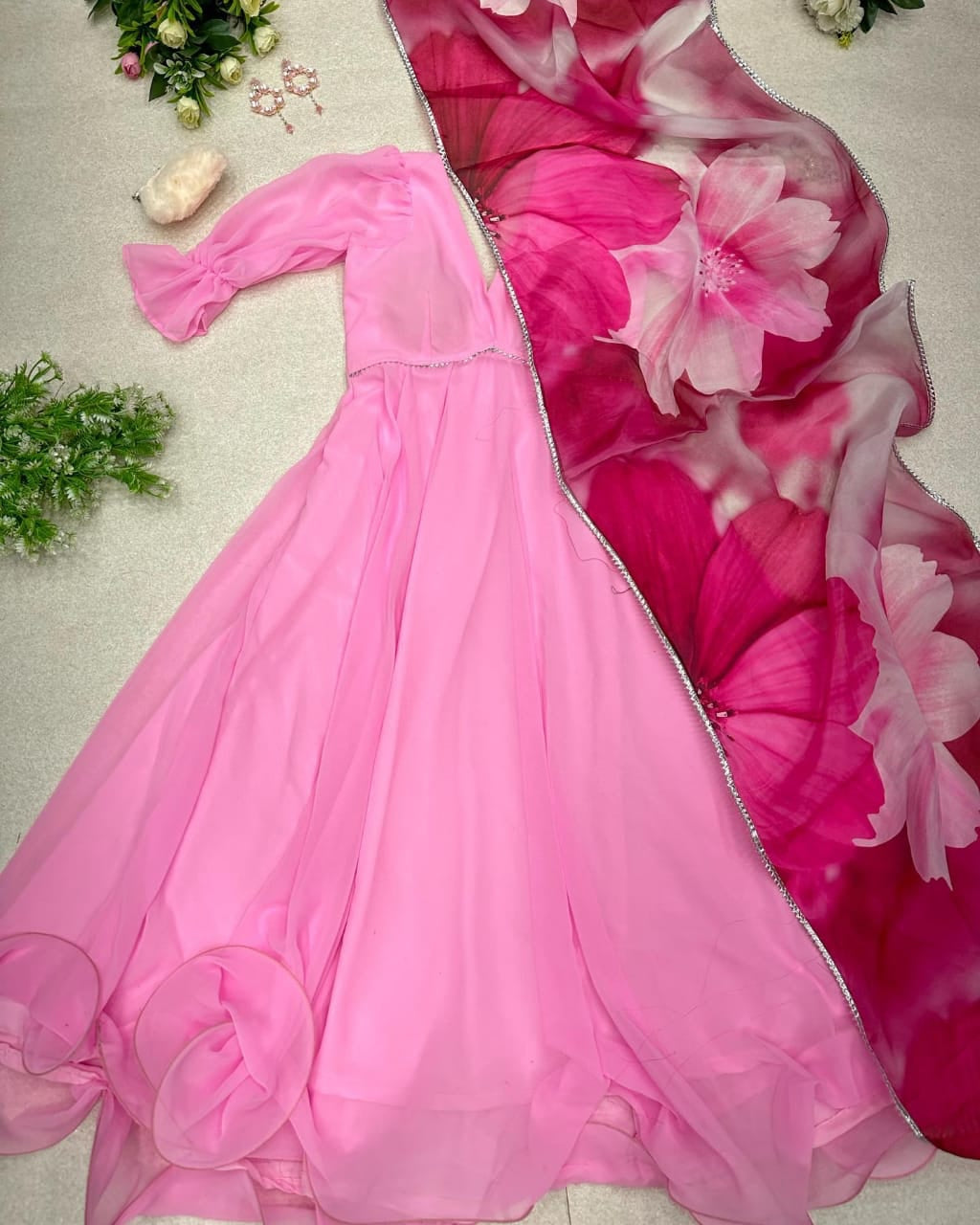 Stylish Light Pink Plain Gown With Floral Print Dupatta