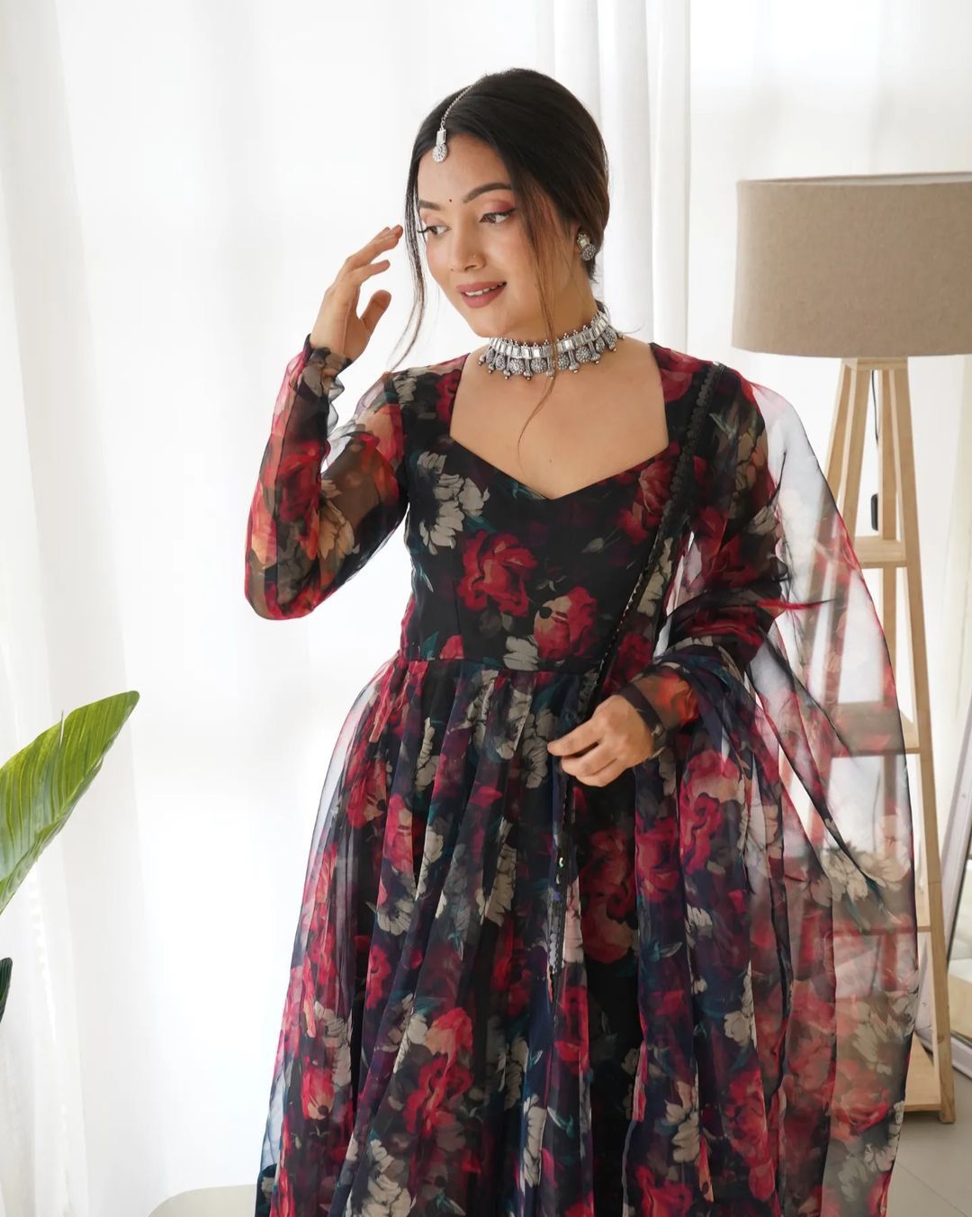 Amazing Organza Flower Printed Navy Blue Color Gown