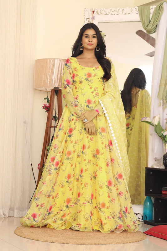 Exclusive Yellow Color Digital Printed Organza Gown
