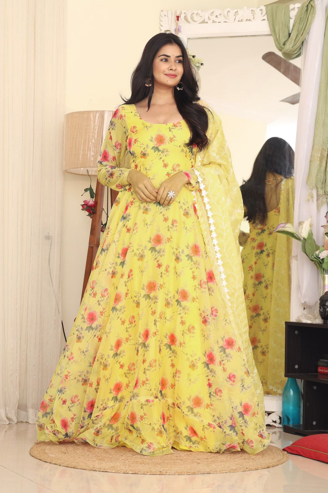 Exclusive Yellow Color Digital Printed Organza Gown