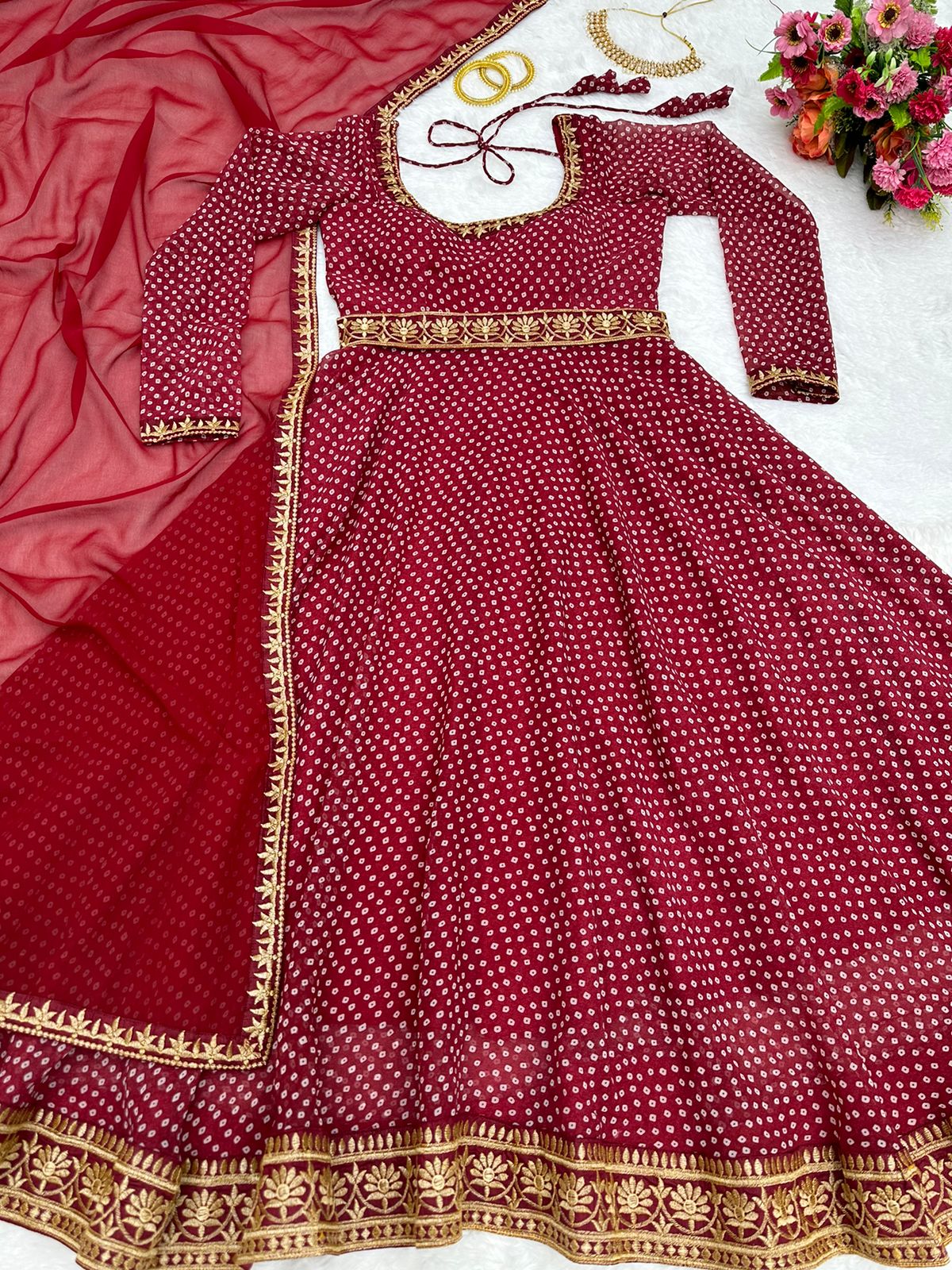 Festive Wear Digital Print Lace Work Red Color Gown