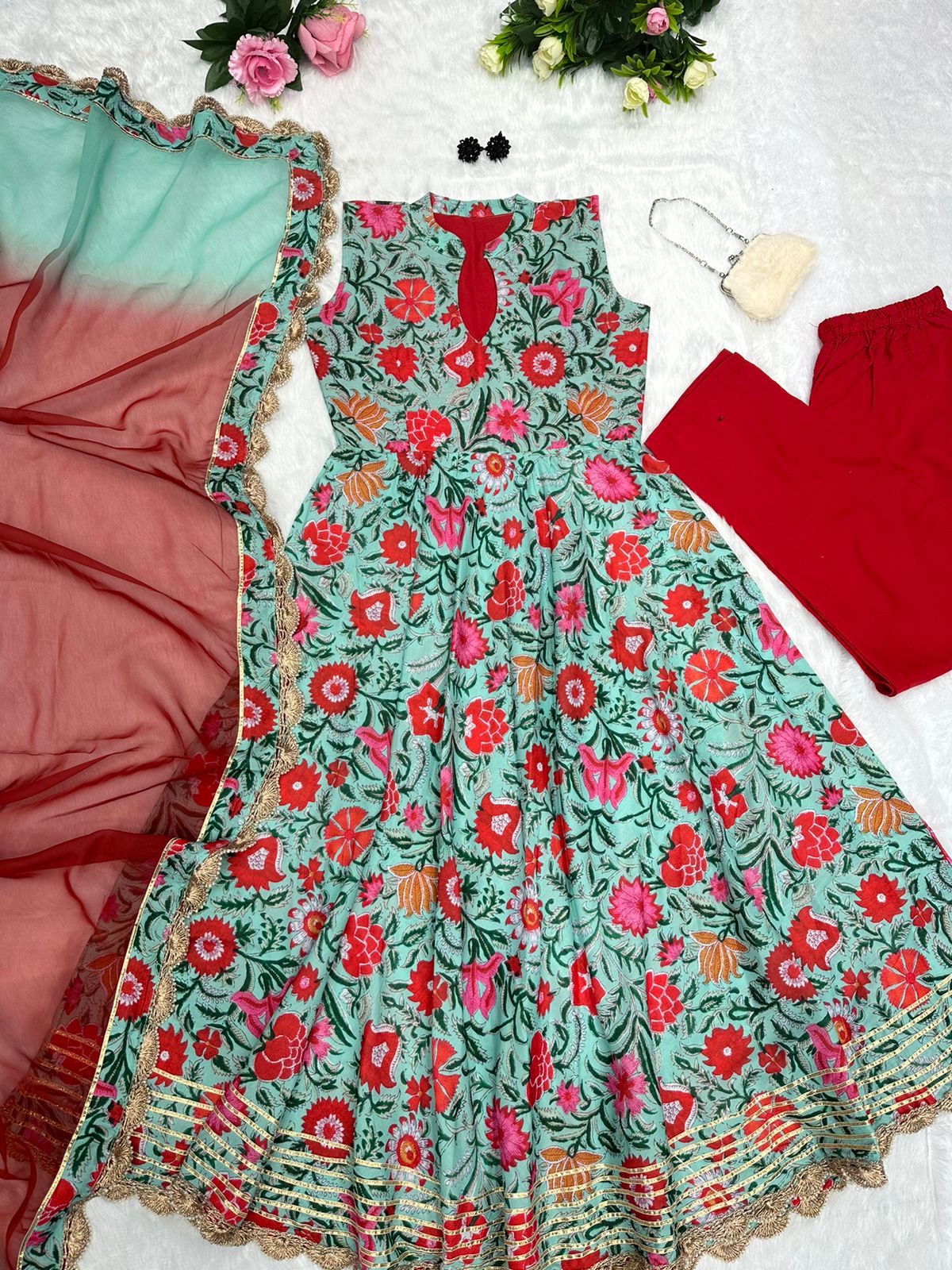 Printed Aqua Green Color Muslin Cotton Gown