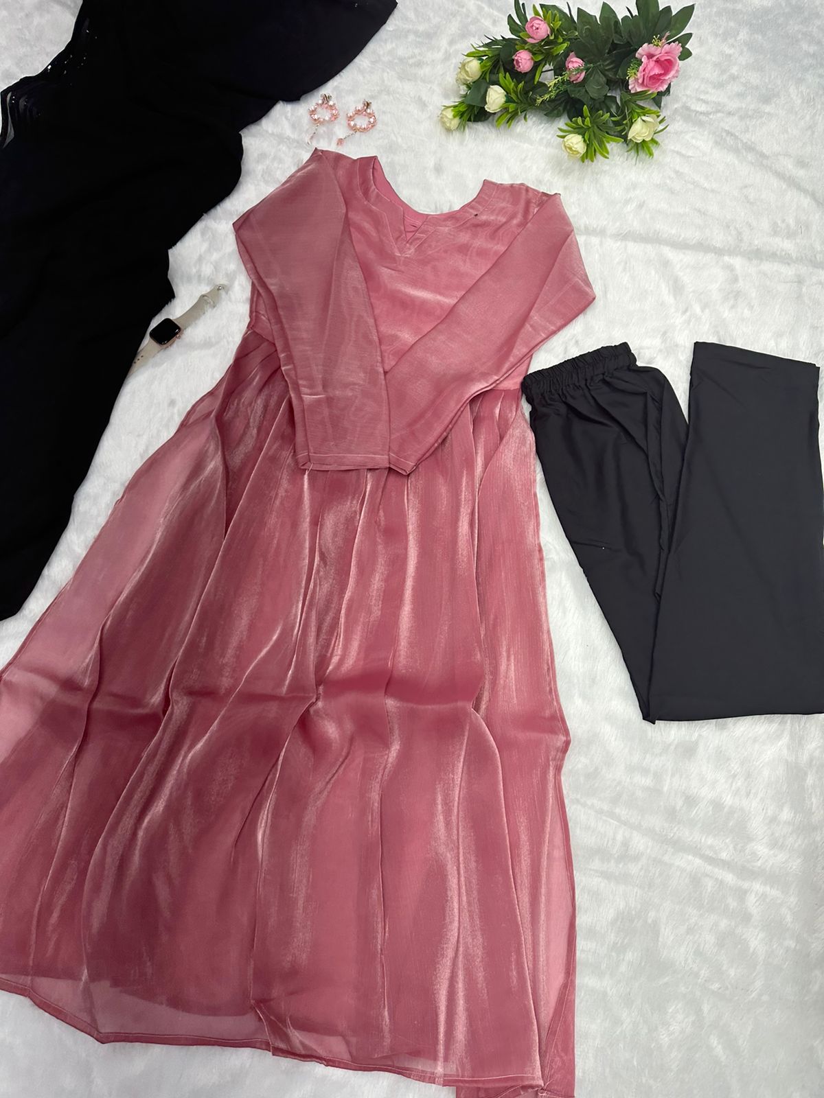 Attractive Dusty Pink Color Organza Kurti Set