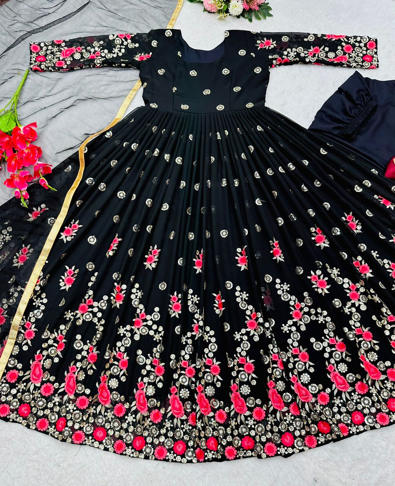 Party Wear Embroidery Work Black Color Gown