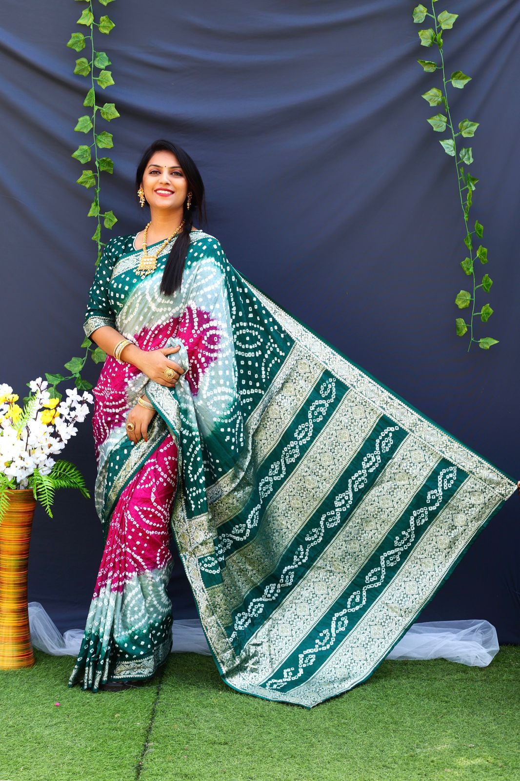 Beautiful Design Border Dark Green Color Bandhej Silk Saree