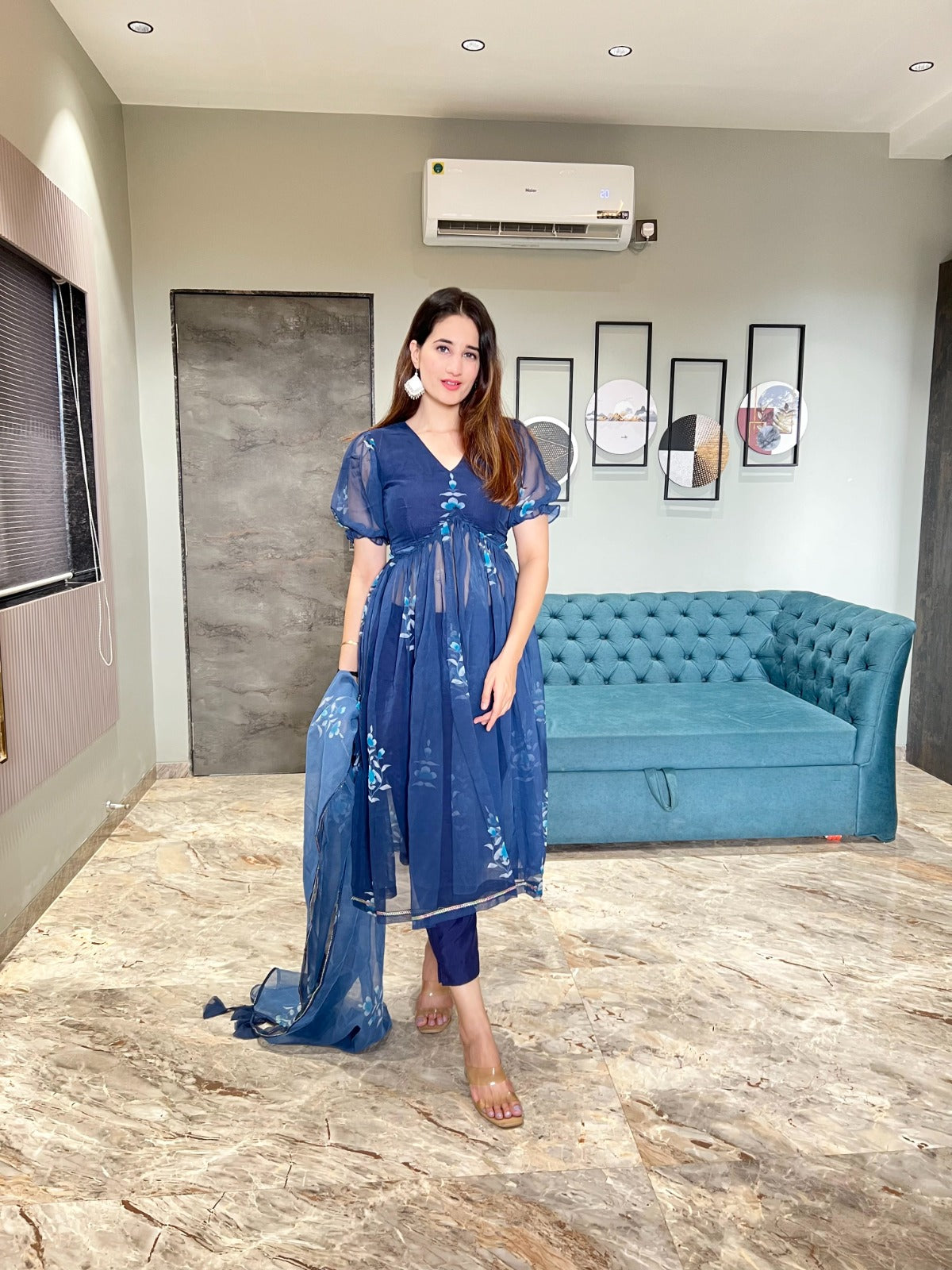 Classy Navy Blue Color Digital Print Aliya Cut Dress