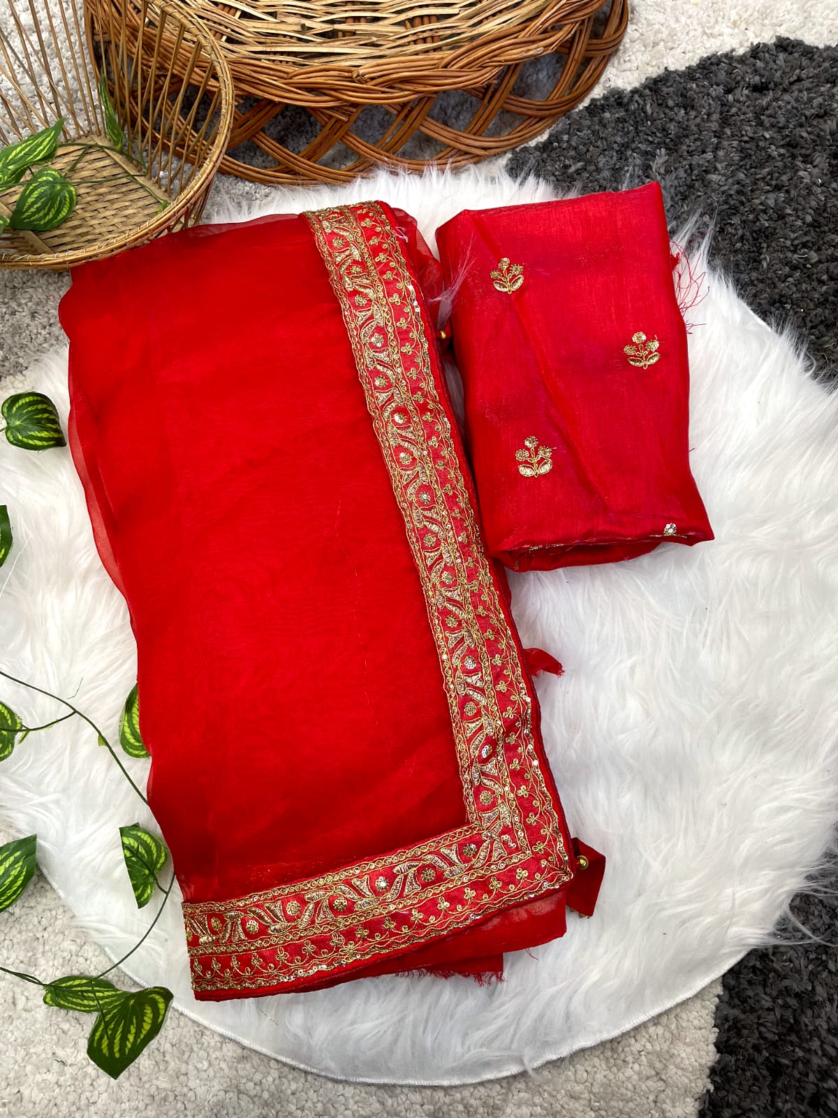 Beautiful Lace Border Organza Red Color Saree