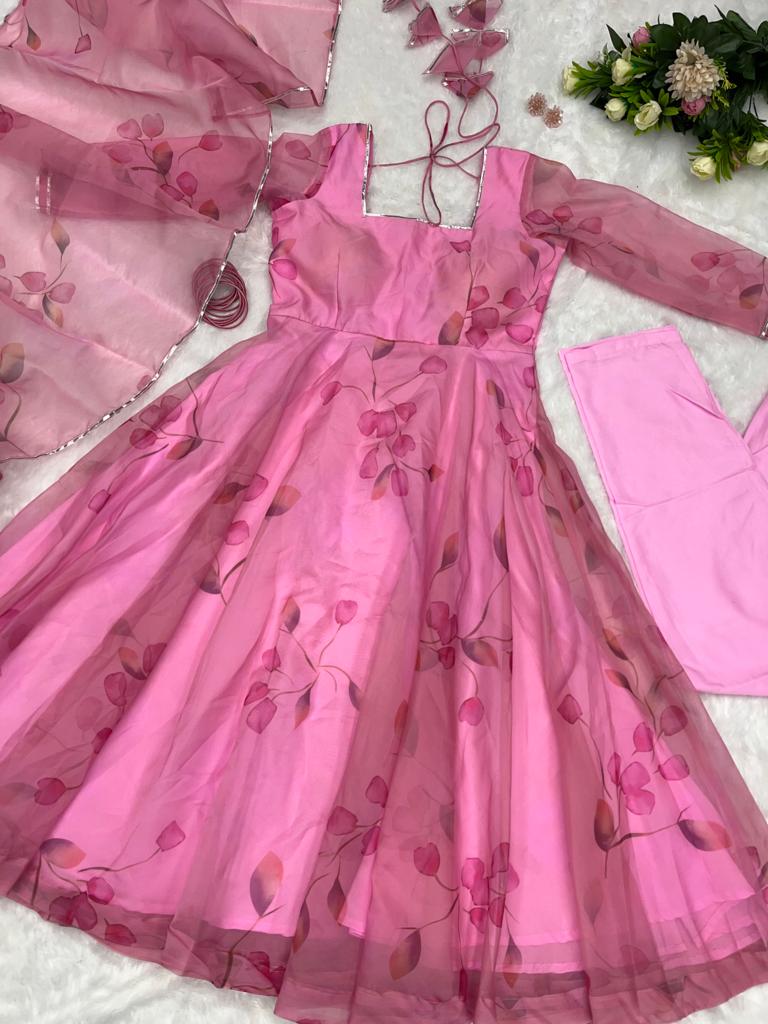 Wonderful Pink Color Digital Print Organza Gown