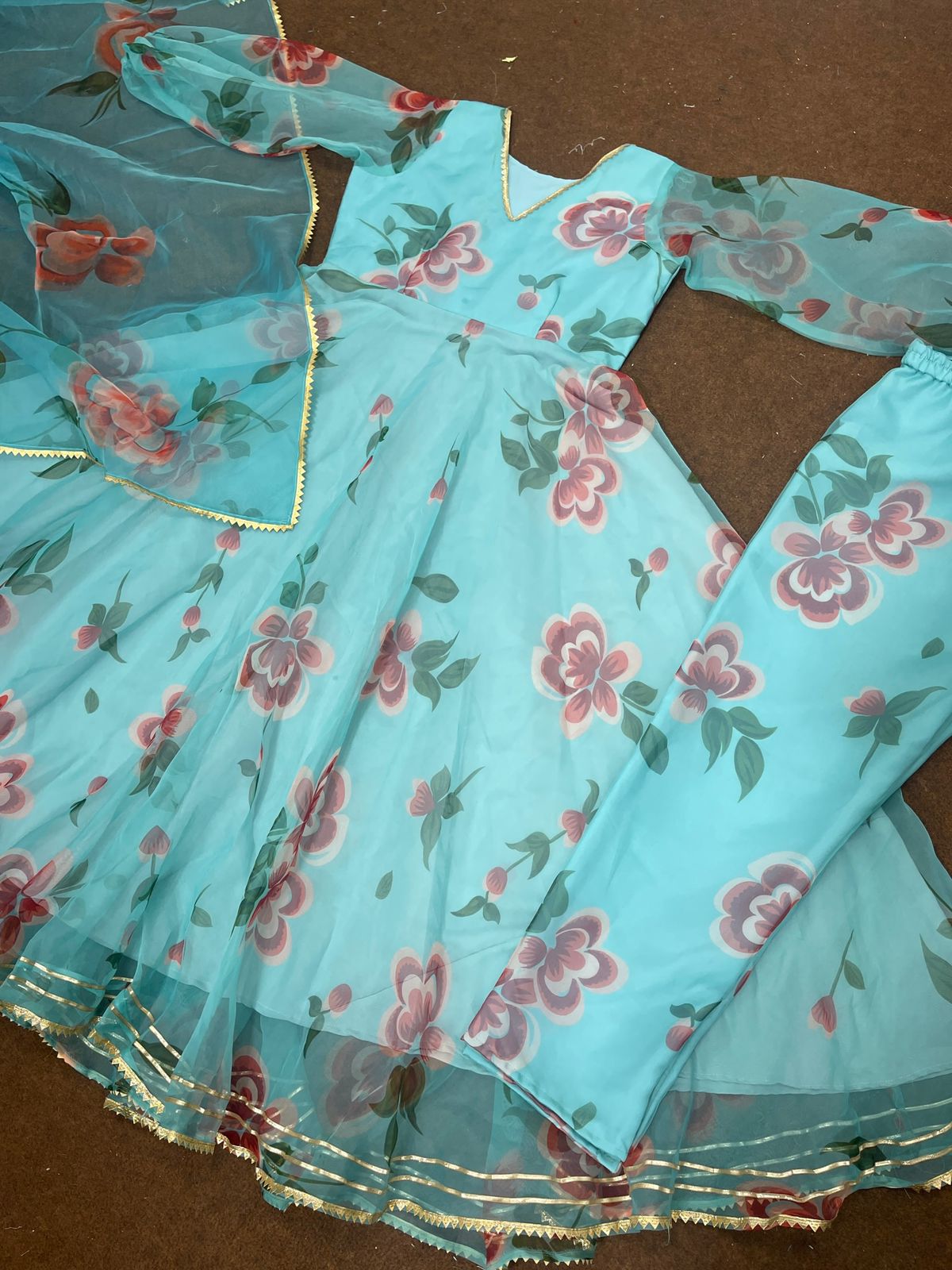 Sky Blue Color Gota Patti Work Digital Printed Gown