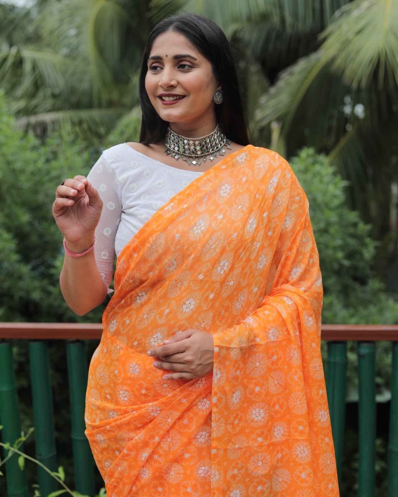 Orange Color Printed Foil Work Chiffon Silk Saree