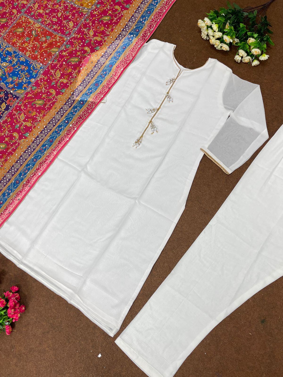 Glorious White Color Salwar Suit Multi Color Dupatta
