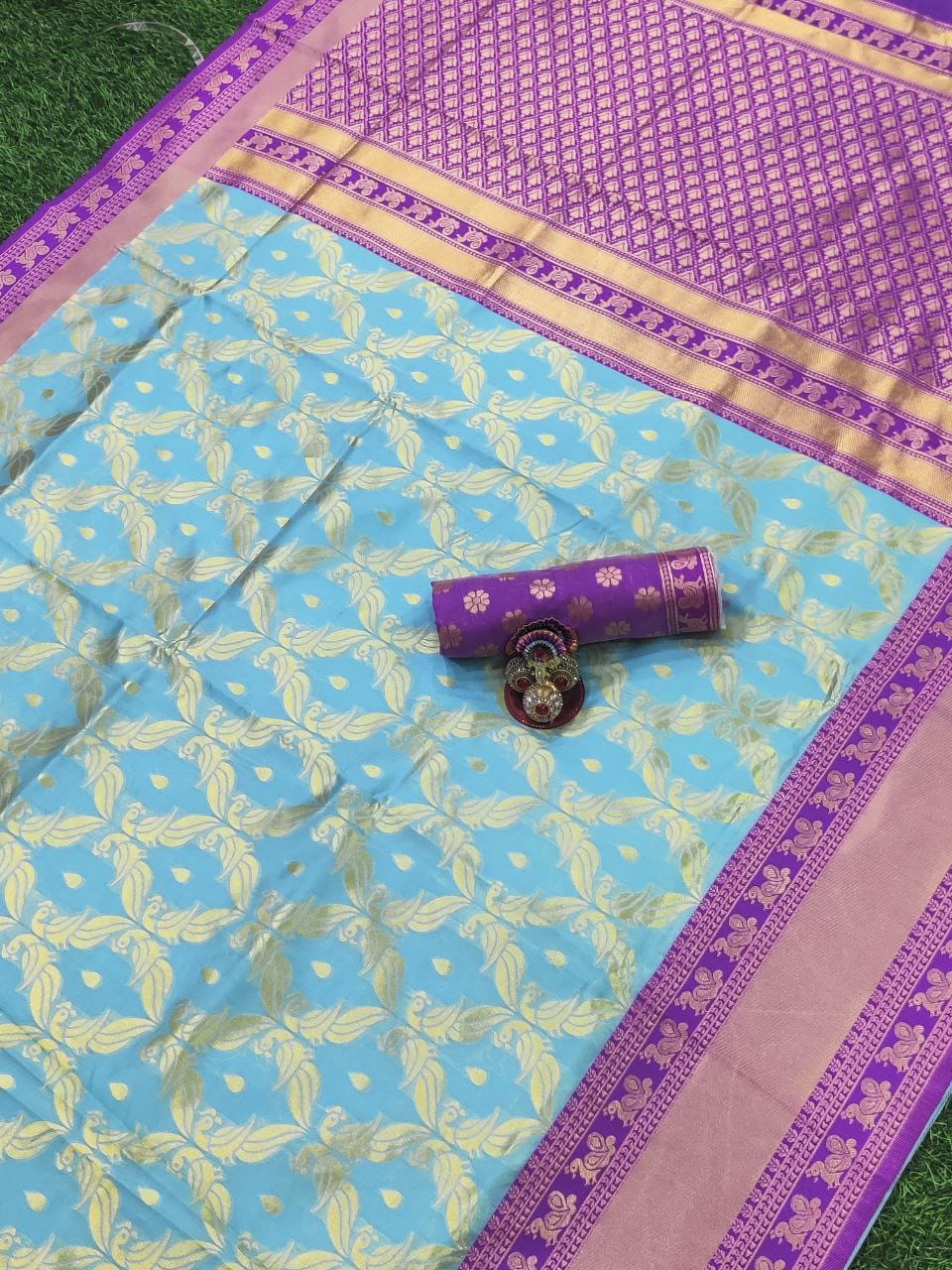 Golden Jari Design Sky Blue Color Jacquard Border Saree