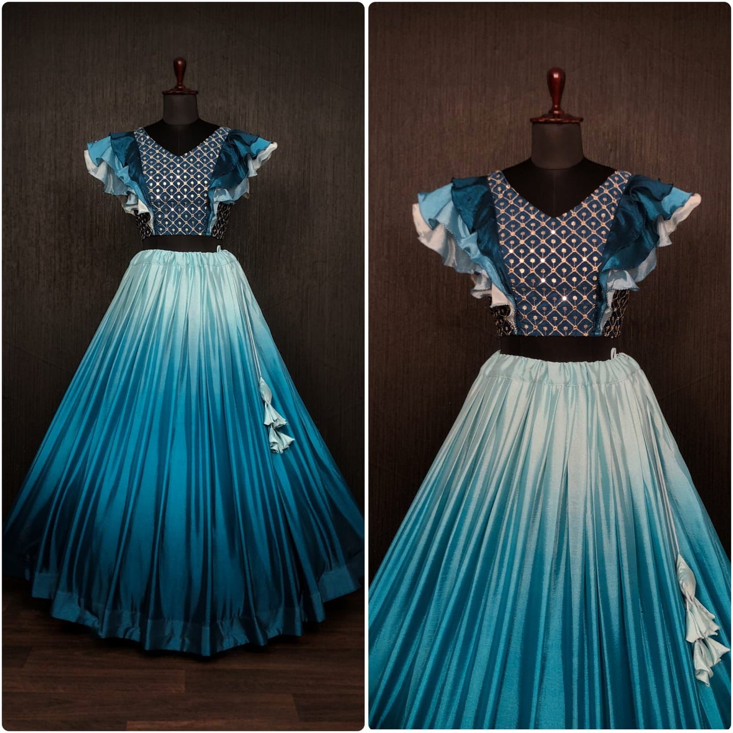 Decent Teal Blue Color Fancy Sleeve Blouse With Lehenga