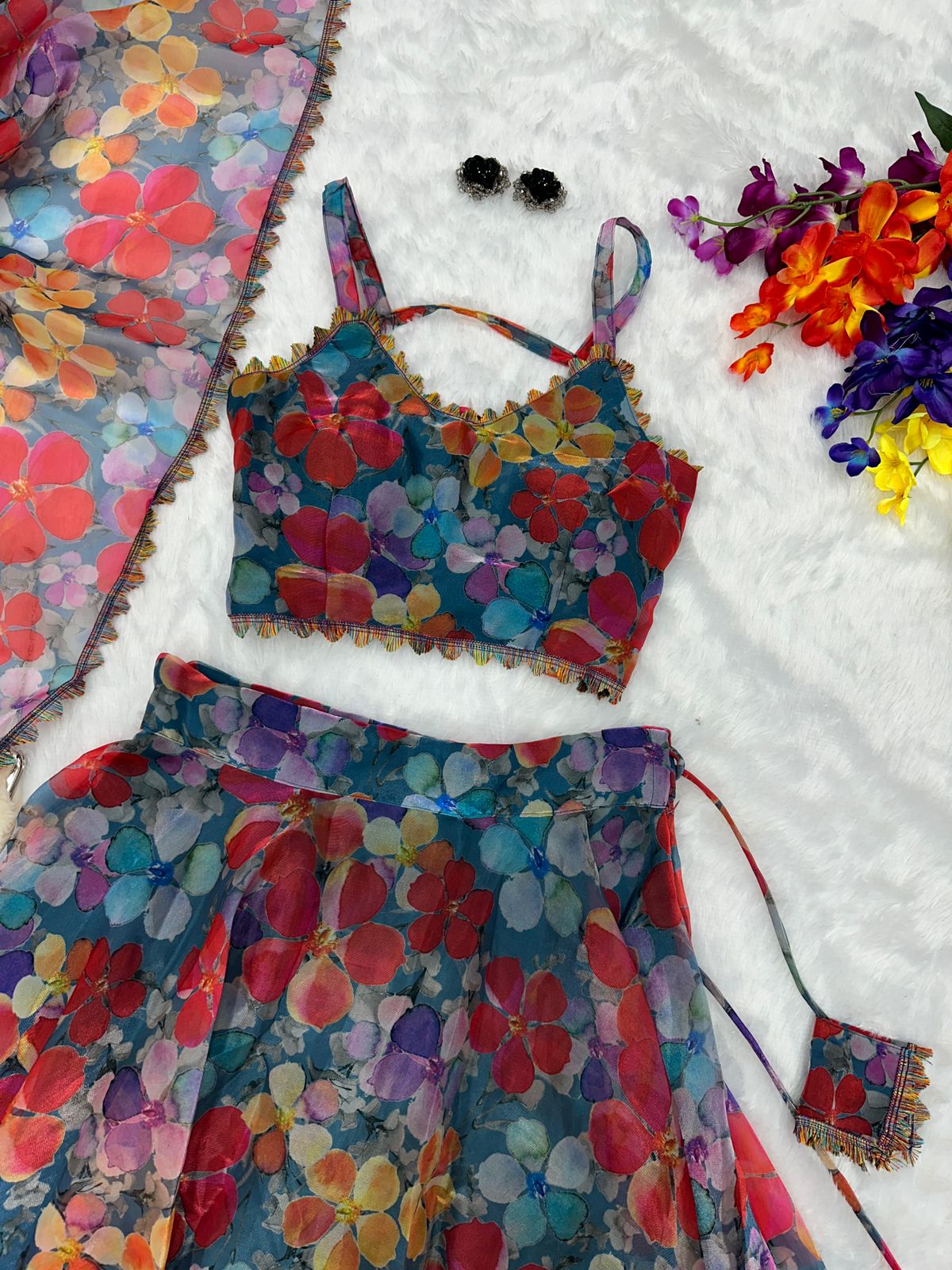 Flower Design Multi Color Organza Lehenga Choli