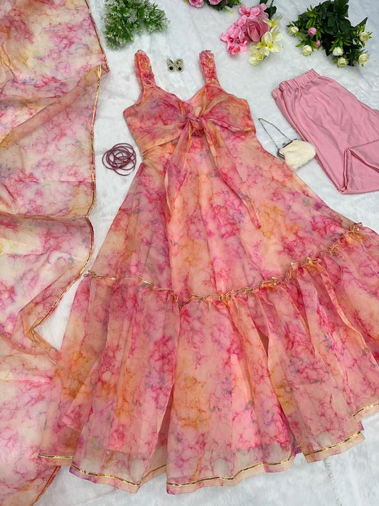 Superhit Peach Color Printed Organza Silk Gown