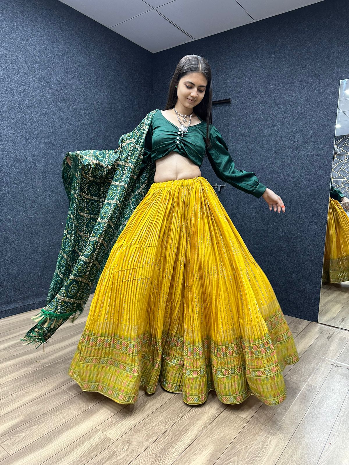 Terrific Green And Yellow Crush Work Lehenga Choli