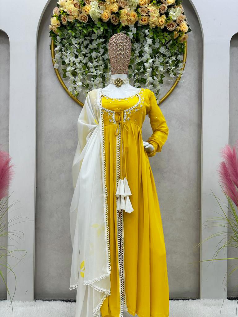 Fancy Pattern Yellow Color Thread Work Gown