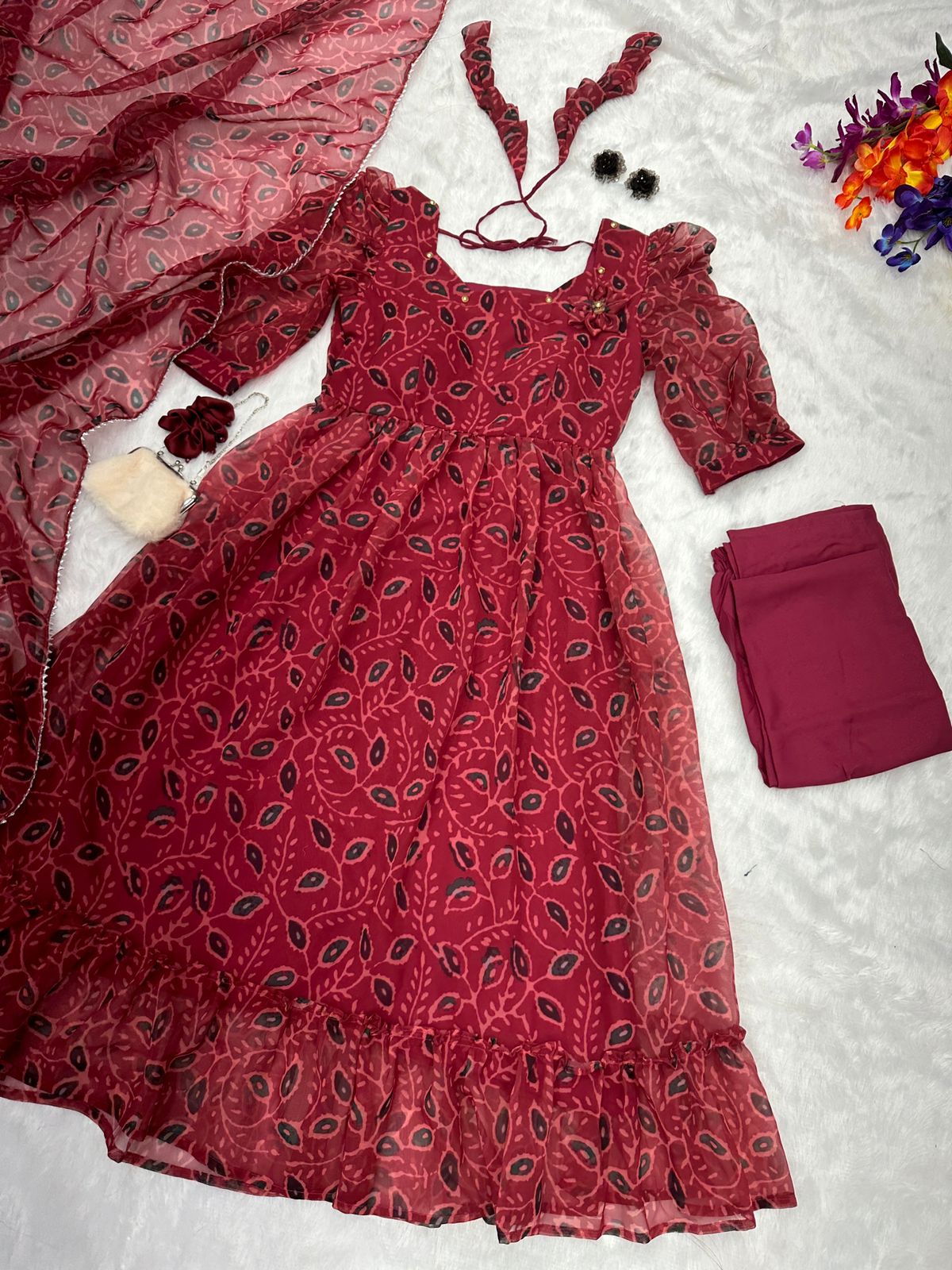 Gorgeous Maroon Color Printed Georgette Gown