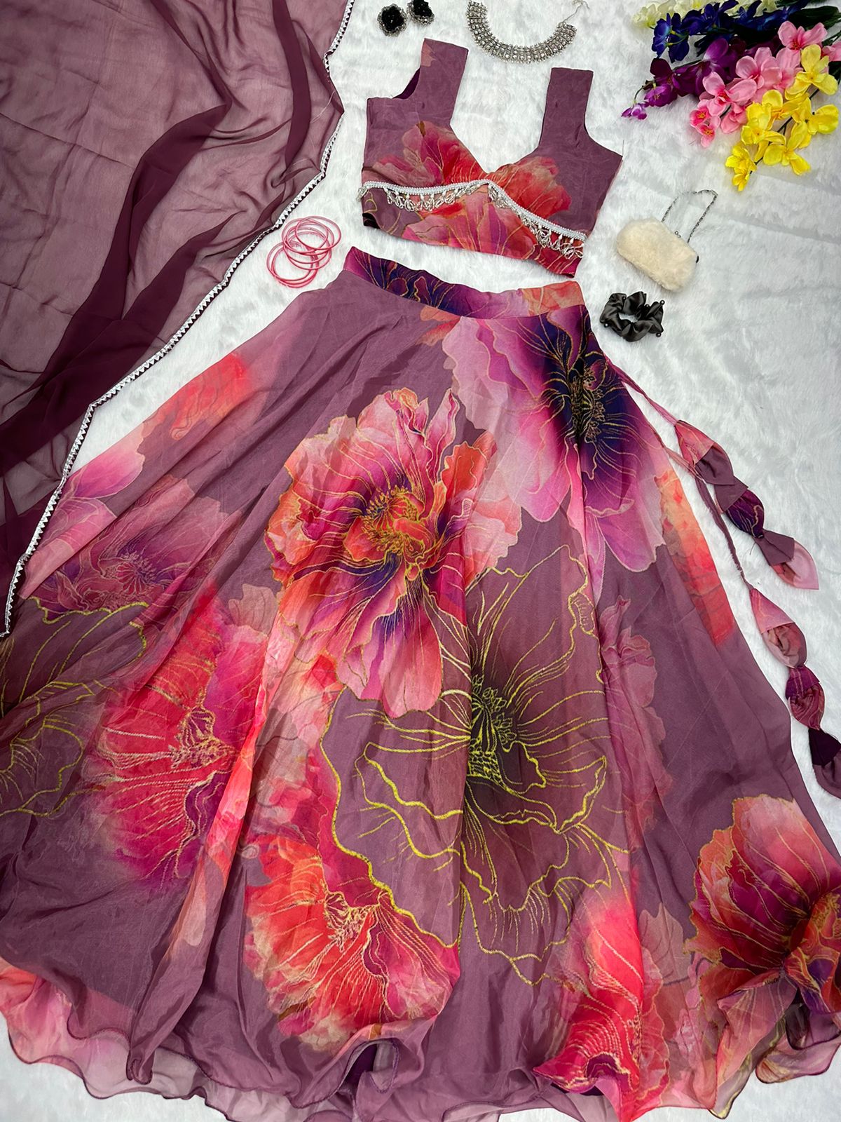 Outstanding Wine Color Organza Silk Lehenga Choli