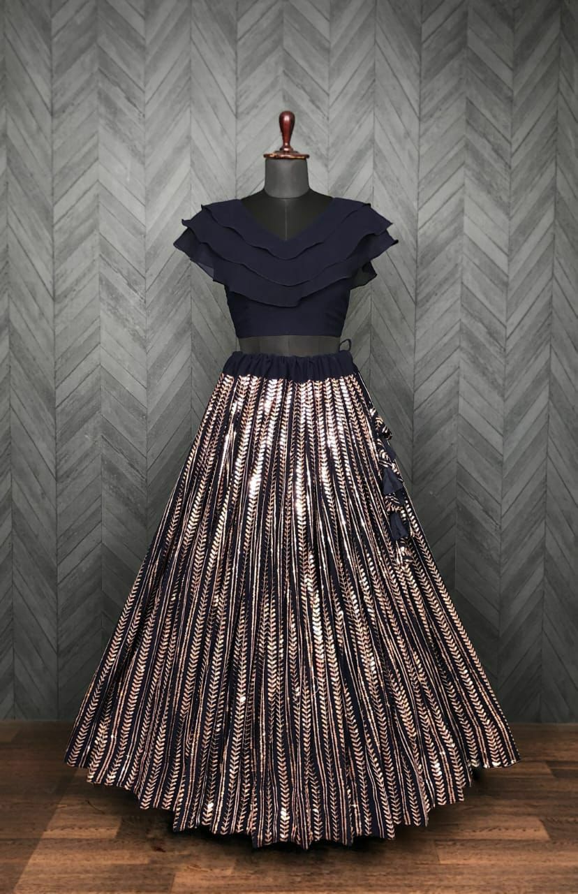 Navy Blue Color Shine work Lehenga With Frill Blouse
