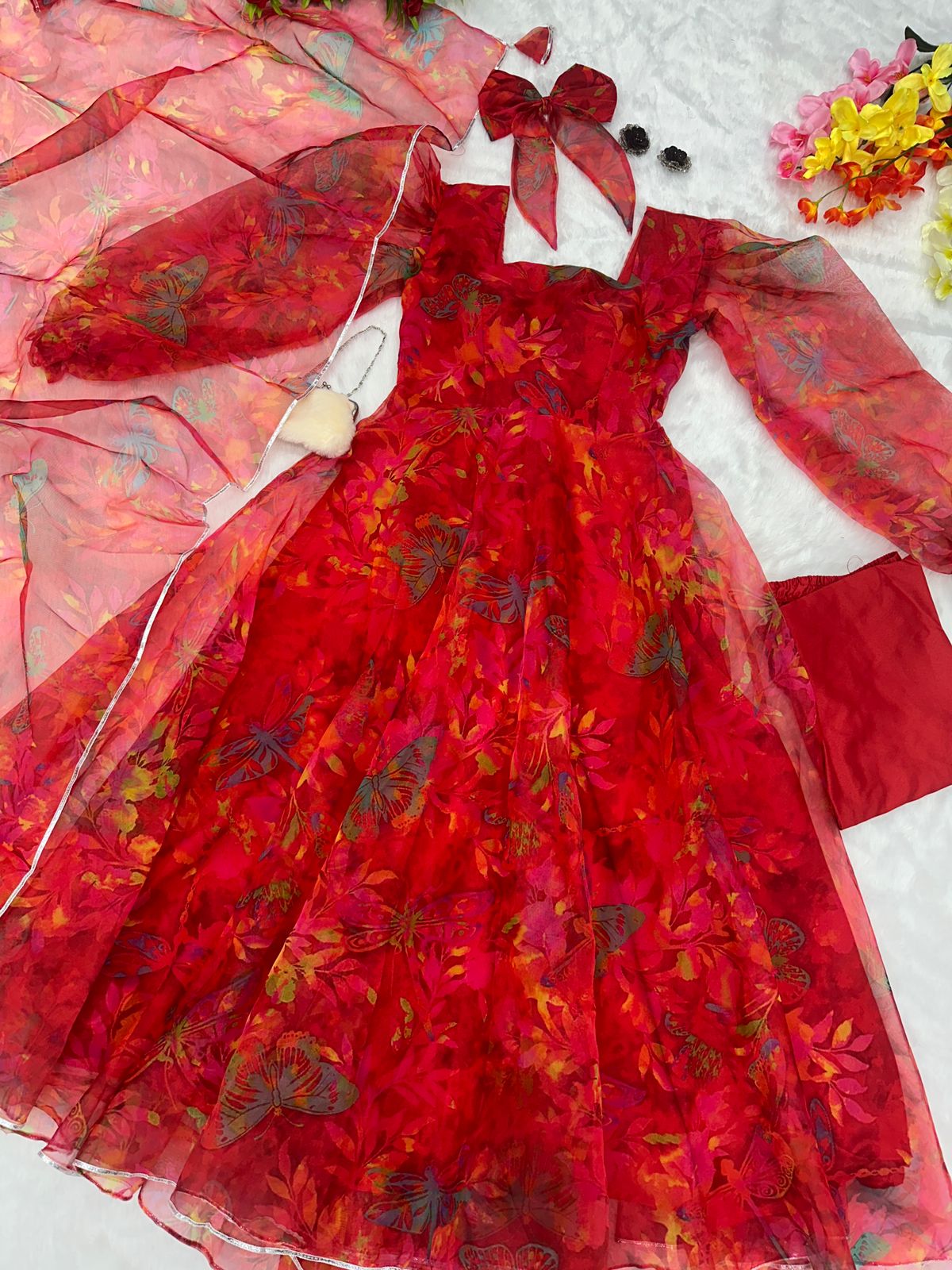 Lovely Red Color Organza Silk Anarkali Suit