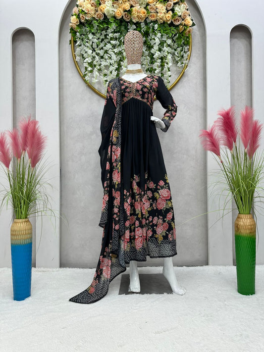 Lace Broder Work Black Color Flower Print Gown