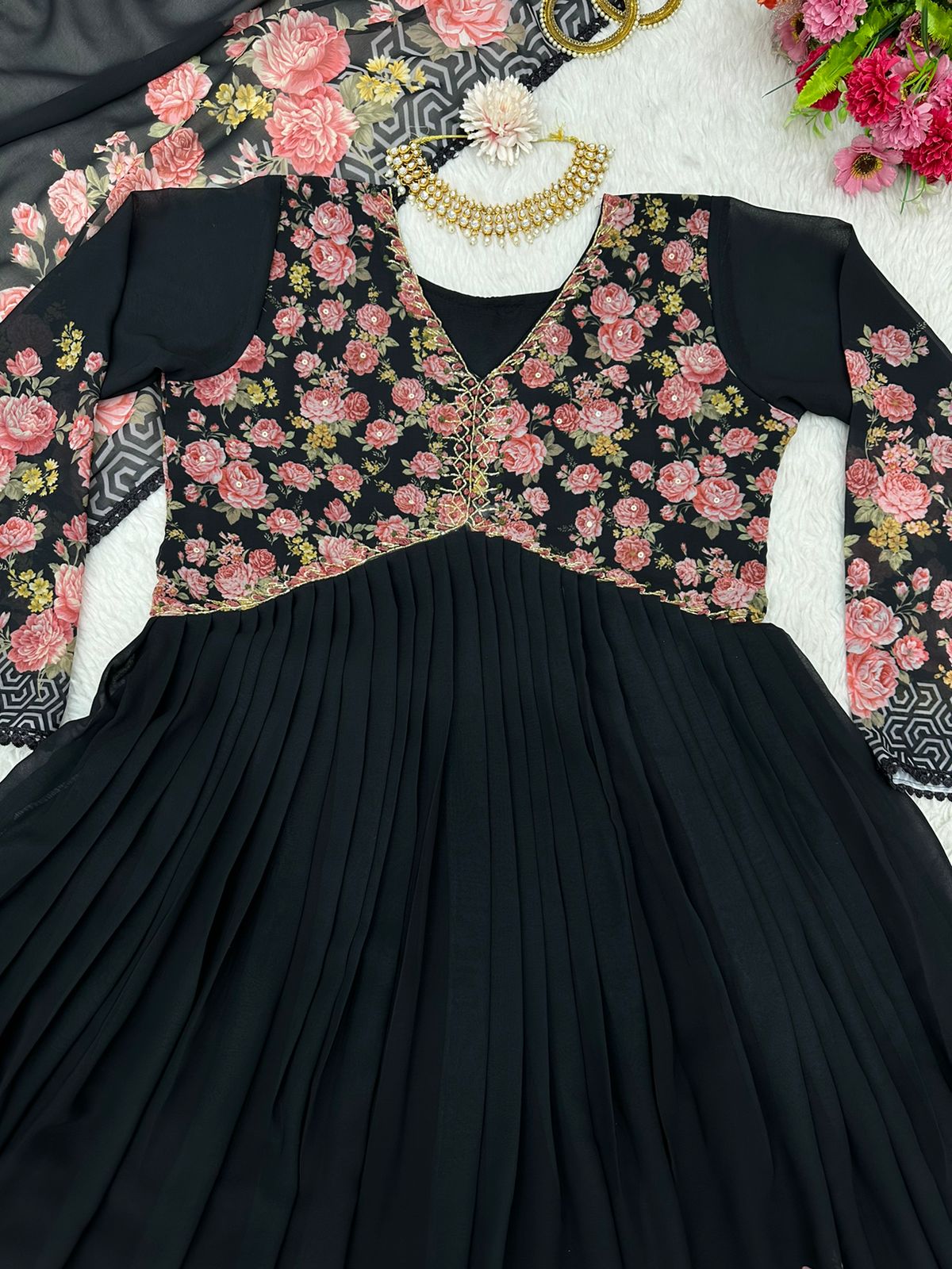 Captivating Handwork With Print Black Color Gown