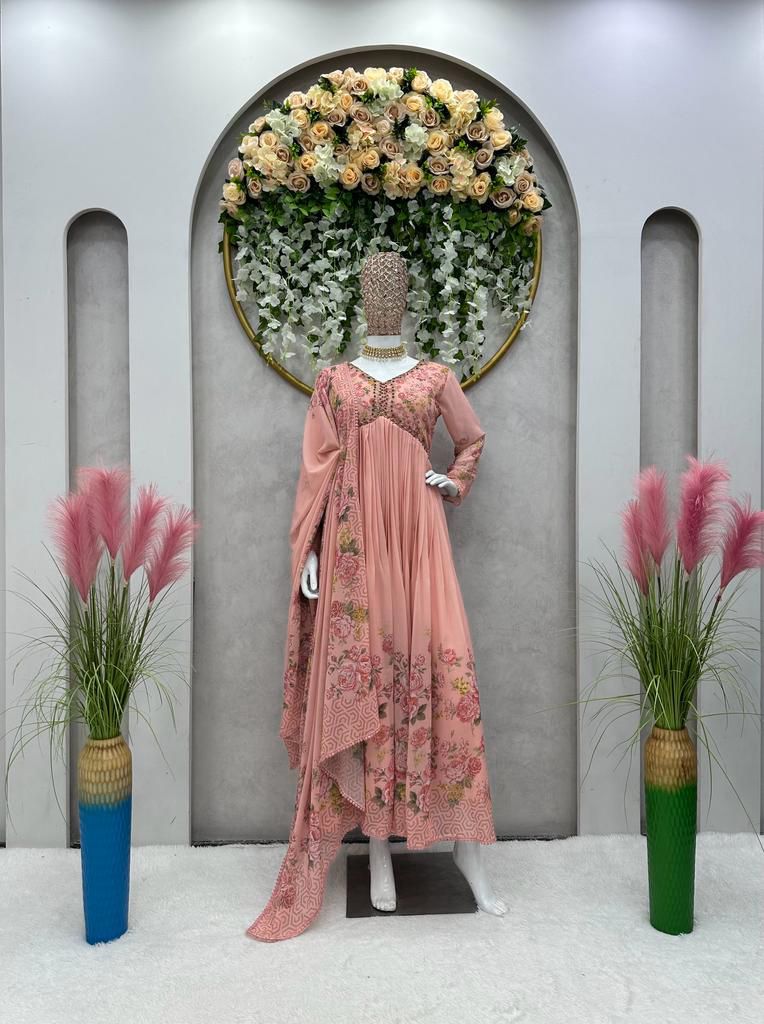 Lace Broder Work Peach Color Flower Print Gown