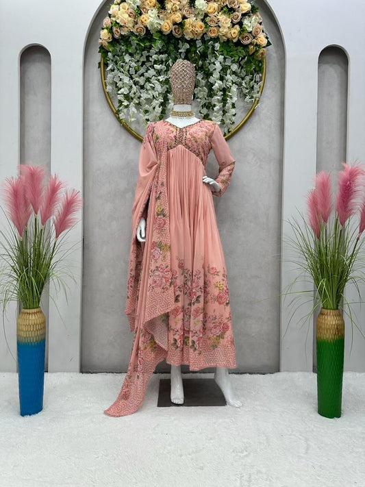 Lace Broder Work Peach Color Flower Print Gown