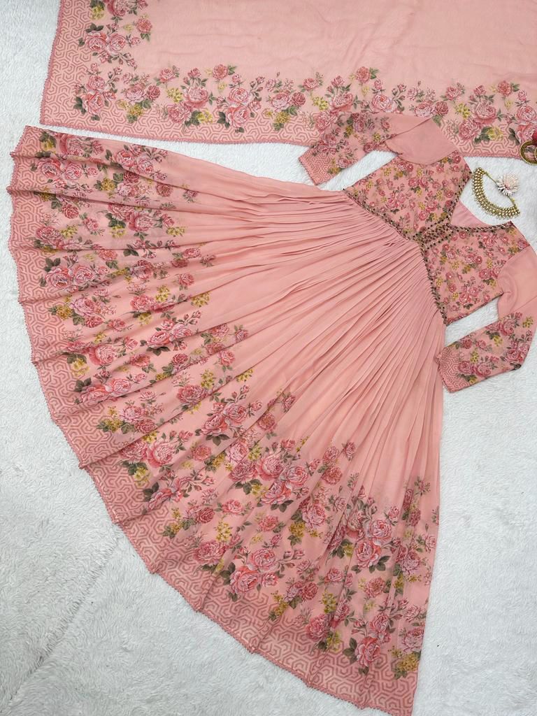 Lace Broder Work Peach Color Flower Print Gown
