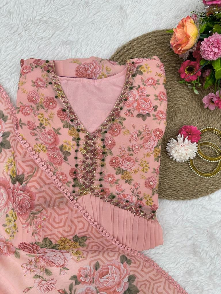 Captivating Handwork With Print Peach Color Gown