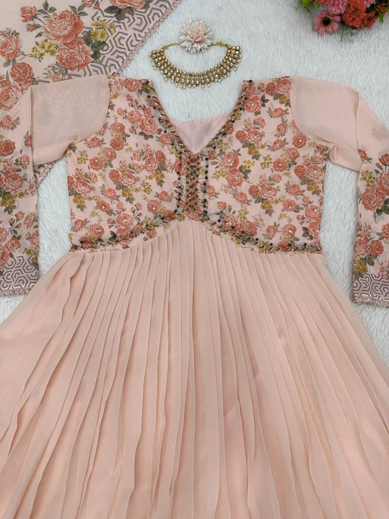 Captivating Handwork With Print Beige Color Gown