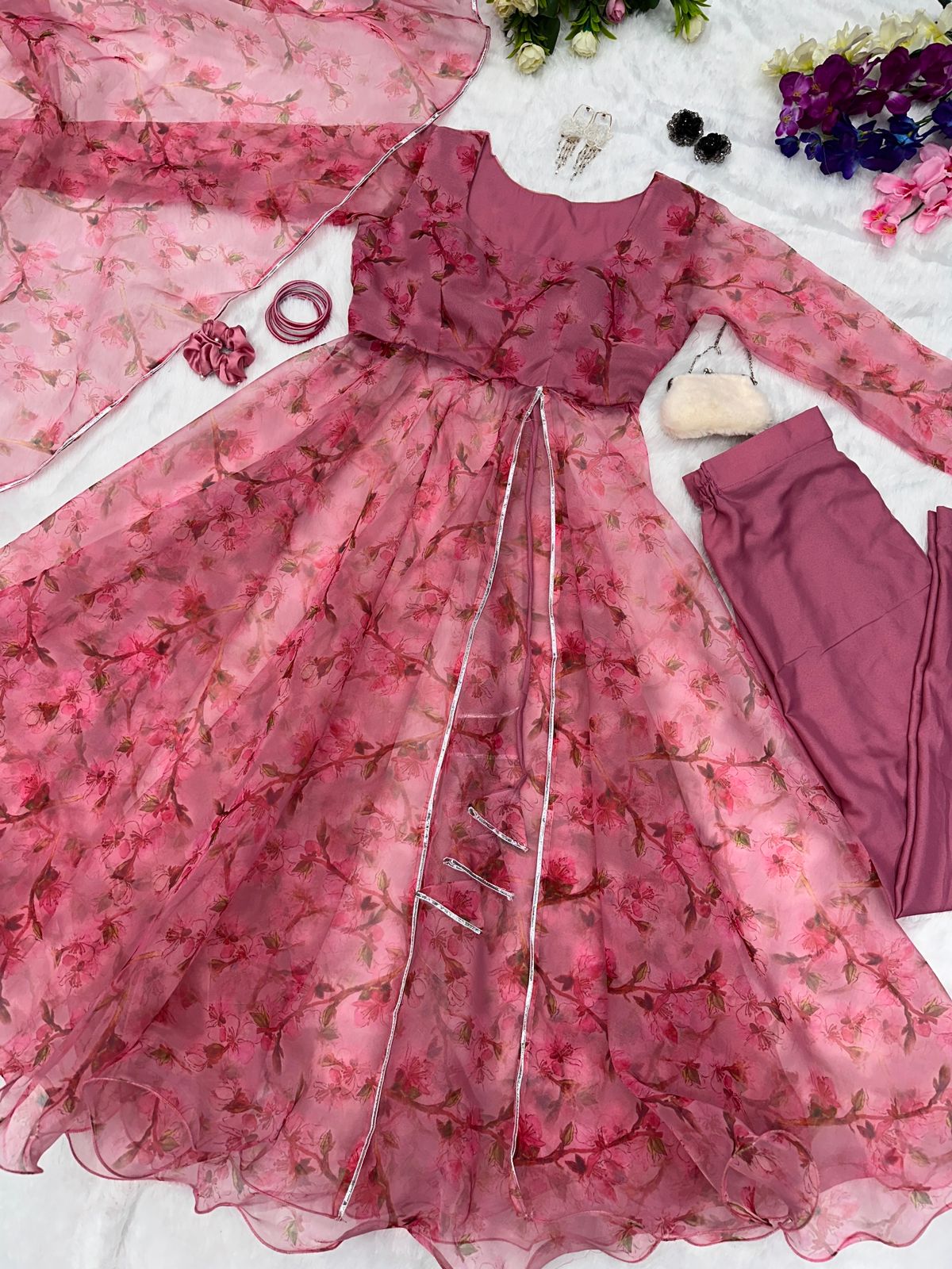 Stylish Dusty Pink Color Front Slit Suit Gown